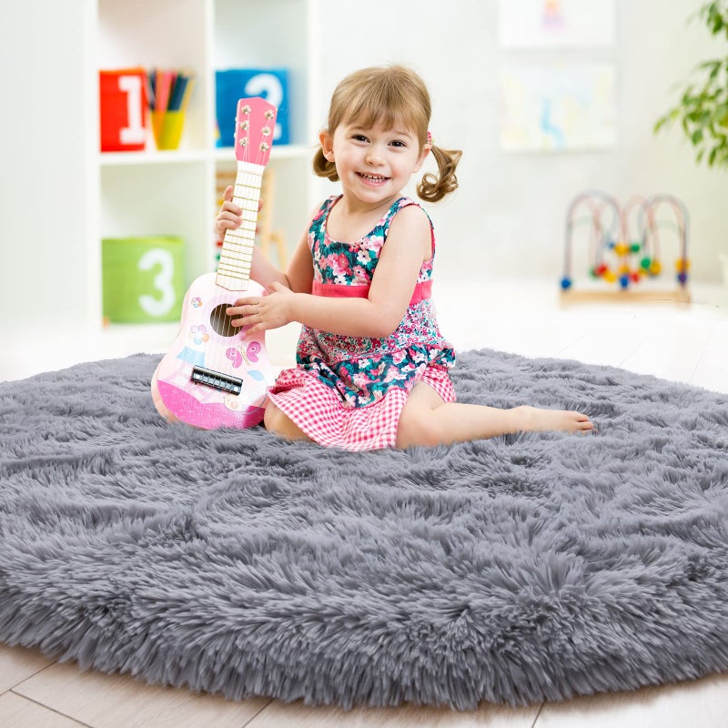 junovo Round Rug 4x4 Feet Fluffy Soft Area Rugs for Kids Girls Room Princess Castle Plush Shaggy Carpet Cute Circle Nursery Rug for Kids Girls Bedroom Baby Room Home Decor Circular Carpet, Grey - Image 2
